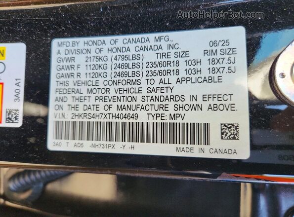 2HKRS4H7XTH404649 2026 HONDA CR-V Black Vista de la etiqueta del VIN