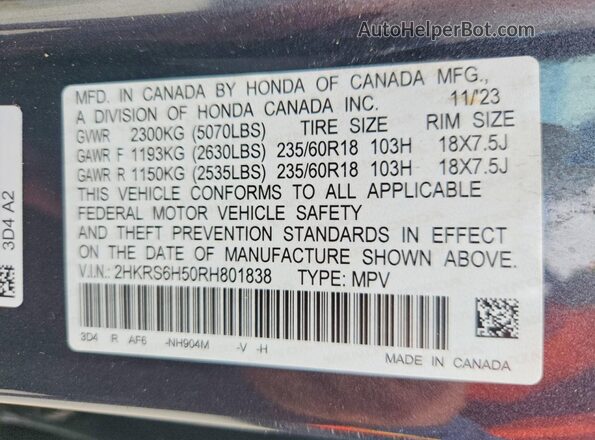 2HKRS6H50RH801838 2024 HONDA CR-V Charcoal Вид наклейки з VIN-кодом