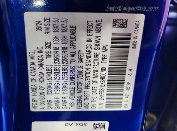 2HKRS6H8XSH800700 2025 HONDA CR-V Blue Widok naklejki z numerem VIN