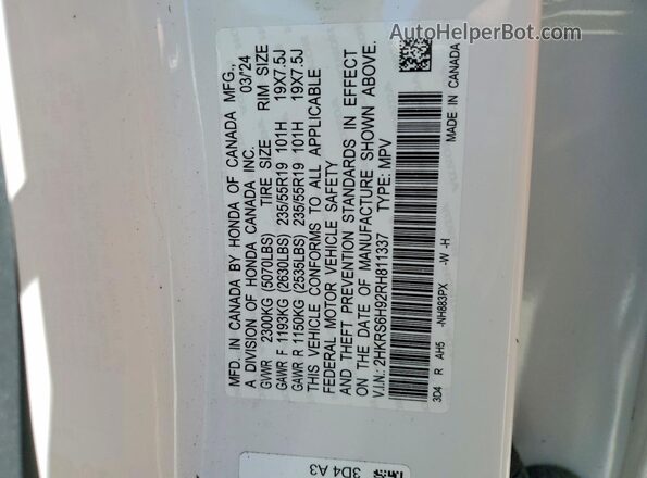 2HKRS6H92RH811337 2024 HONDA CR-V White Vista de la etiqueta del VIN
