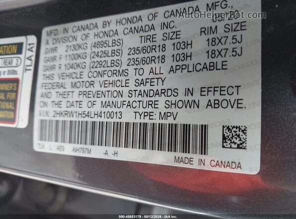 2HKRW1H54LH410013 2020 HONDA CR-V Gray Շարժիչի բաժամունքի տեսք
