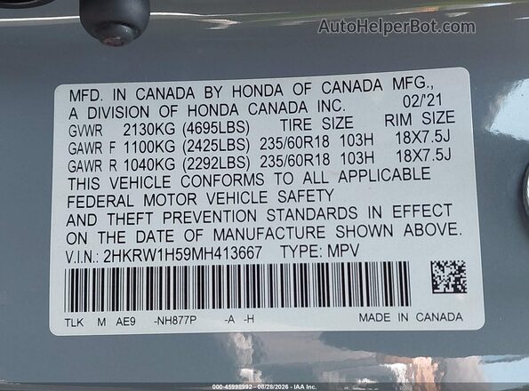 2HKRW1H59MH413667 2021 HONDA CR-V Gray ძრავის განყოფილების ხედი