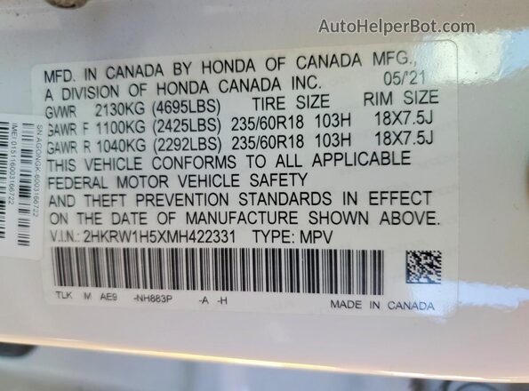 2HKRW1H5XMH422331 2021 HONDA CR-V Белый Вид наклейки с VIN-кодом