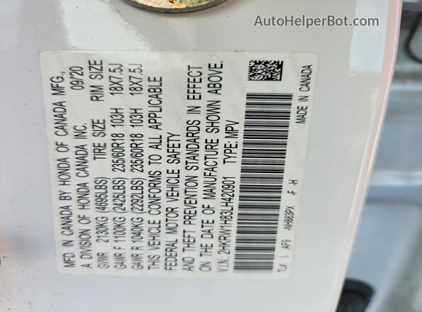2HKRW1H83LH420901 2020 HONDA CR-V White VIN კოდის სტიკერის ხედი