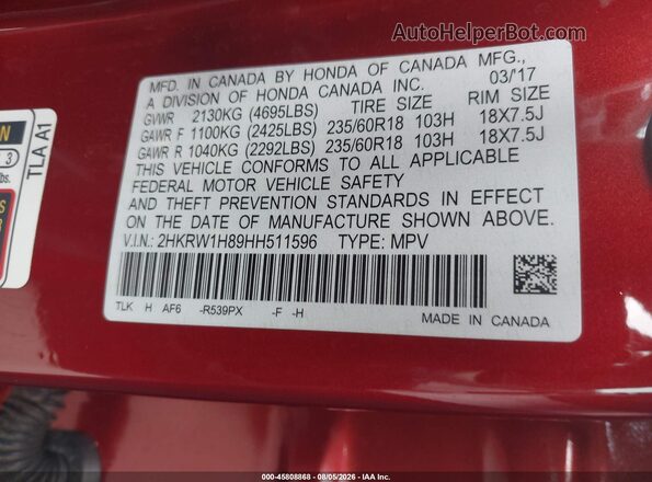 2HKRW1H89HH511596 2017 HONDA CR-V Red Vista del compartimento del motor