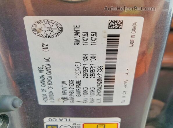 2HKRW2H28MH212399 2021 HONDA CR-V Gray VIN sticker view