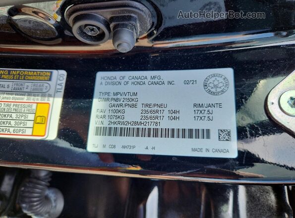 2HKRW2H28MH217781 2021 HONDA CR-V Black Widok naklejki z numerem VIN