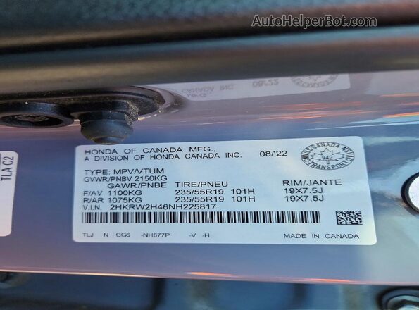 2HKRW2H46NH225817 2022 HONDA CR-V Gray Vista interior de 360 grados