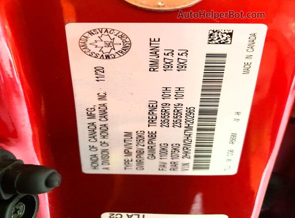 2HKRW2H47MH202965 2021 HONDA CR-V Red VIN կոդի պիտակի տեսք