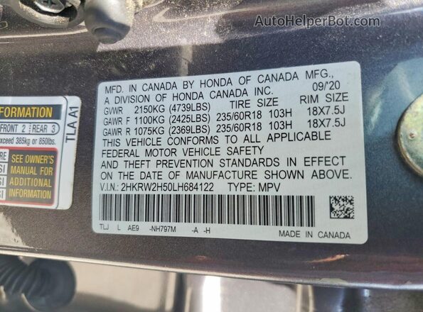 2HKRW2H50LH684122 2020 HONDA CR-V Gray Widok naklejki z numerem VIN