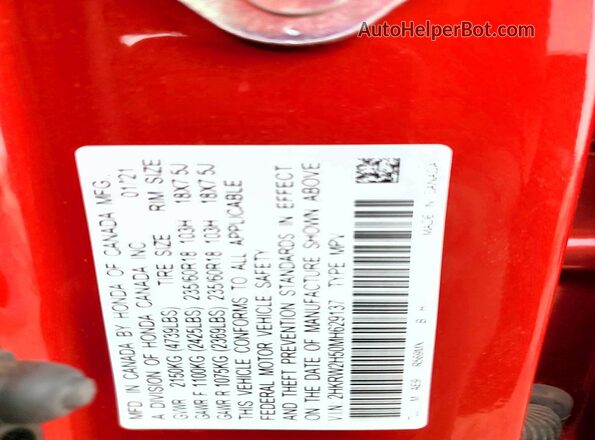 2HKRW2H50MH629137 2021 HONDA CR-V Красный Панорамный вид салона 360°