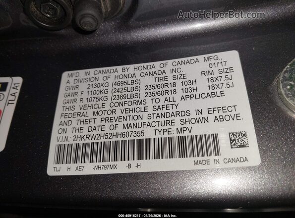 2HKRW2H52HH607355 2017 HONDA CR-V Gray Շարժիչի բաժամունքի տեսք