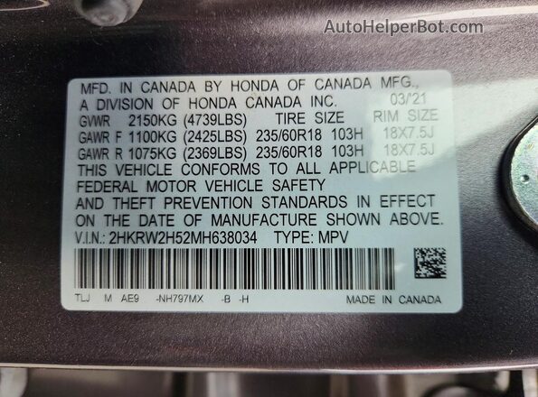 2HKRW2H52MH638034 2021 HONDA CR-V Gray VIN sticker view