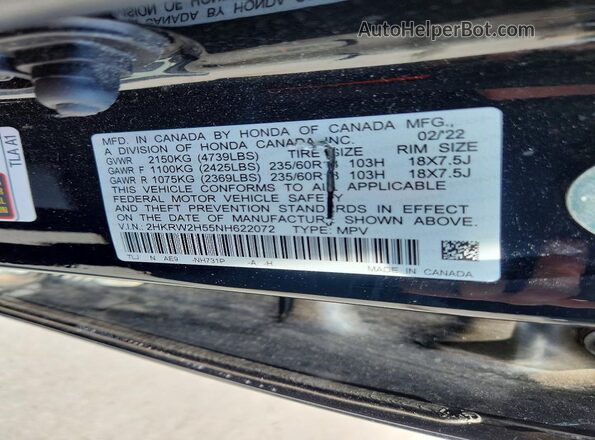 2HKRW2H55NH622072 2022 HONDA CR-V Black VIN կոդի պիտակի տեսք