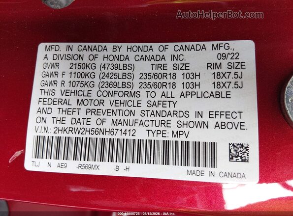 2HKRW2H56NH671412 2022 HONDA CR-V Red Widok komory silnika