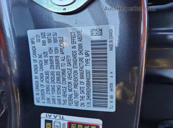 2HKRW2H58MH633307 2021 HONDA CR-V Gray Widok wnętrza 360 stopni