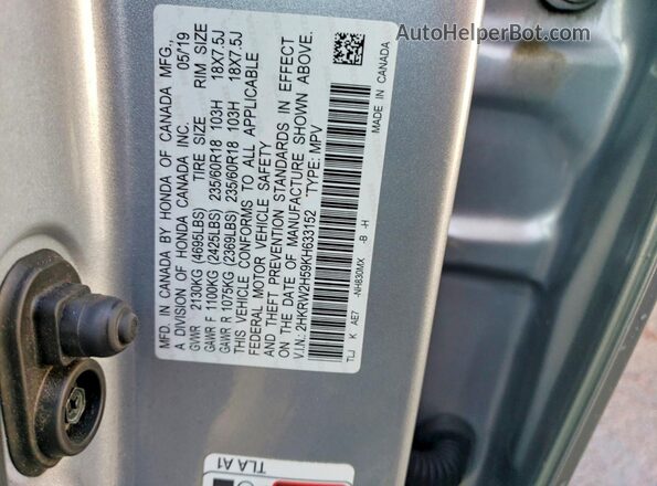 2HKRW2H59KH633152 2019 HONDA CR-V Silver VIN კოდის სტიკერის ხედი