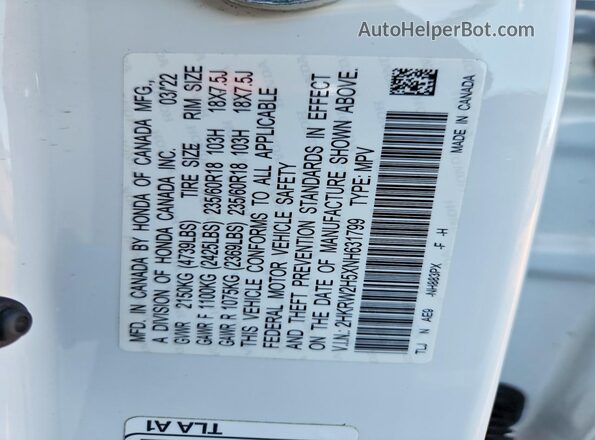 2HKRW2H5XNH631799 2022 HONDA CR-V White Widok naklejki z numerem VIN