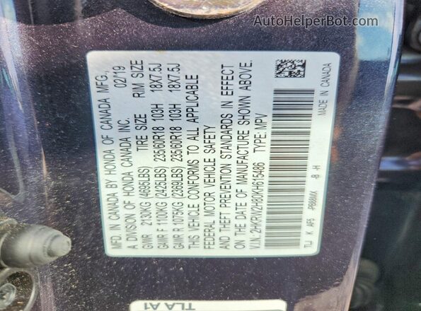 2HKRW2H80KH615486 2019 HONDA CR-V Charcoal 