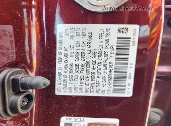 2HKRW2H80KH637827 2019 HONDA CR-V Maroon VIN კოდის სტიკერის ხედი