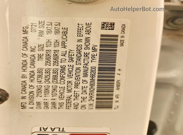 2HKRW2H80MH662830 2021 HONDA CR-V White VIN კოდის სტიკერის ხედი