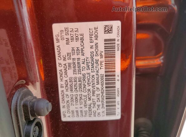 2HKRW2H82KH650692 2019 HONDA CR-V Burgundy VIN sticker view