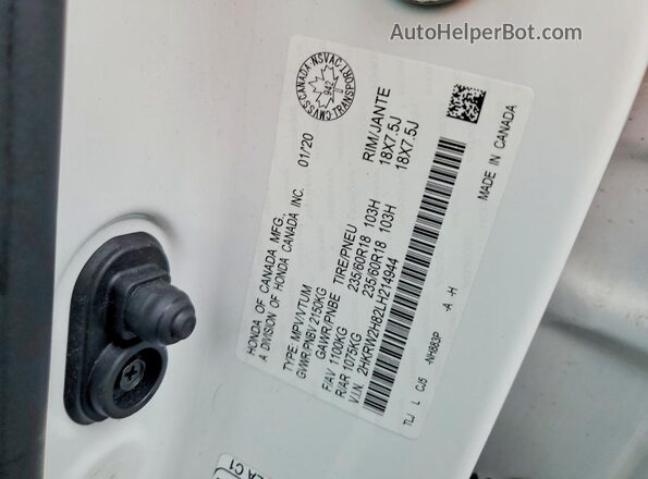 2HKRW2H82LH214944 2020 HONDA CR-V White VIN კოდის სტიკერის ხედი