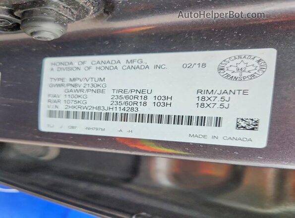 2HKRW2H83JH114283 2018 HONDA CR-V Gray VIN կոդի պիտակի տեսք