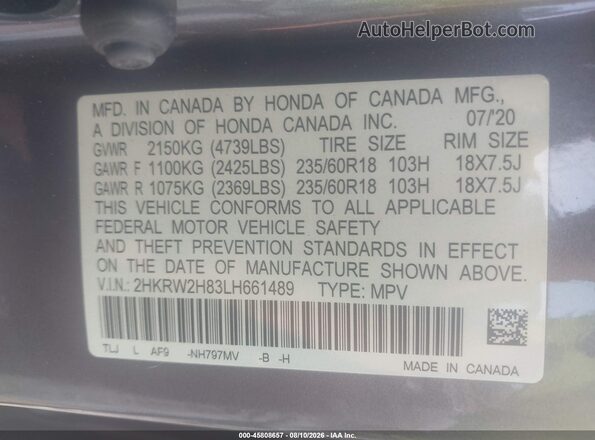 2HKRW2H83LH661489 2020 HONDA CR-V Gray Вид підкапотного простору