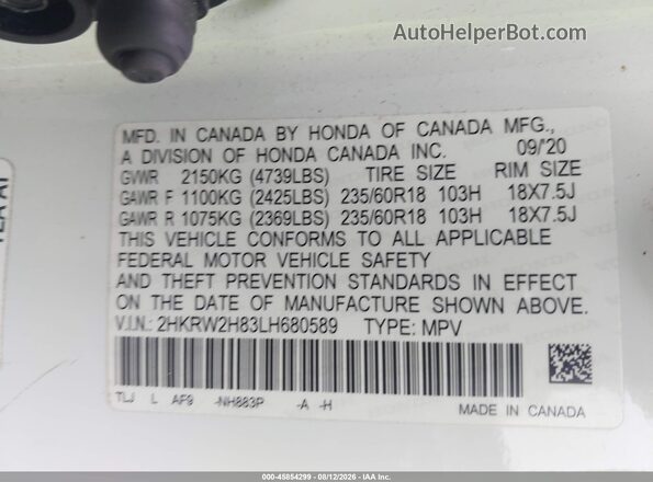 2HKRW2H83LH680589 2020 HONDA CR-V White Engine compartment view