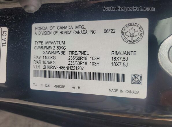 2HKRW2H86NH221267 2022 HONDA CR-V Black Вид підкапотного простору