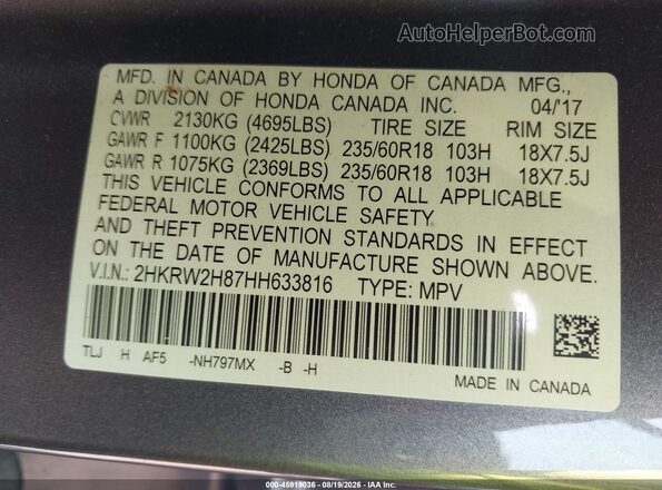 2HKRW2H87HH633816 2017 HONDA CR-V Gray Շարժիչի բաժամունքի տեսք