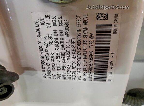 2HKRW2H87HH684409 2017 HONDA CR-V White Widok naklejki z numerem VIN