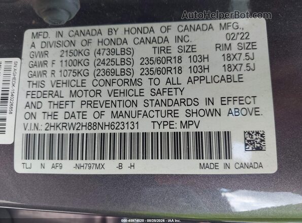 2HKRW2H88NH623131 2022 HONDA CR-V Gray Engine compartment view