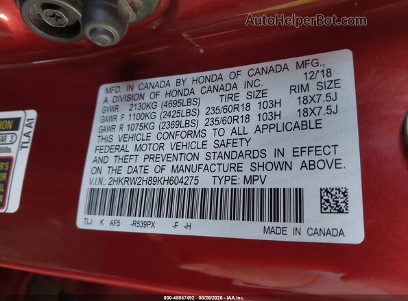 2HKRW2H89KH604275 2019 HONDA CR-V Красный Вид подкапотного пространства