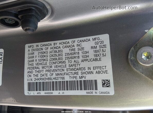 2HKRW2H89LH627766 2020 HONDA CR-V Silver Вид підкапотного простору