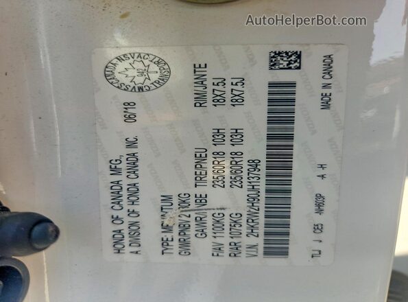 2HKRW2H90JH137948 2018 HONDA CR-V White VIN კოდის სტიკერის ხედი