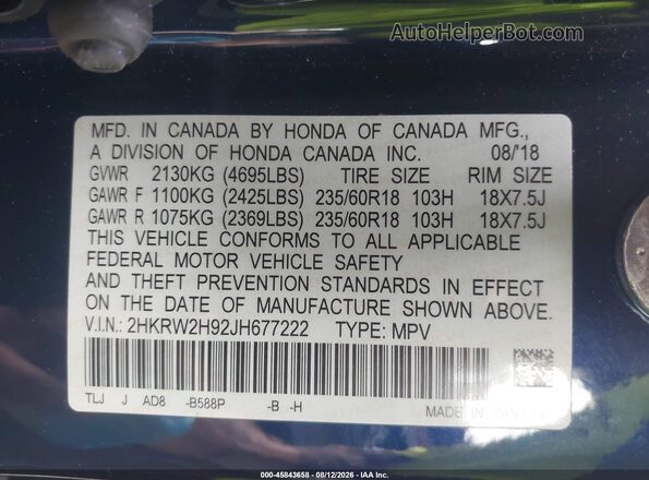 2HKRW2H92JH677222 2018 HONDA CR-V Blue Engine compartment view