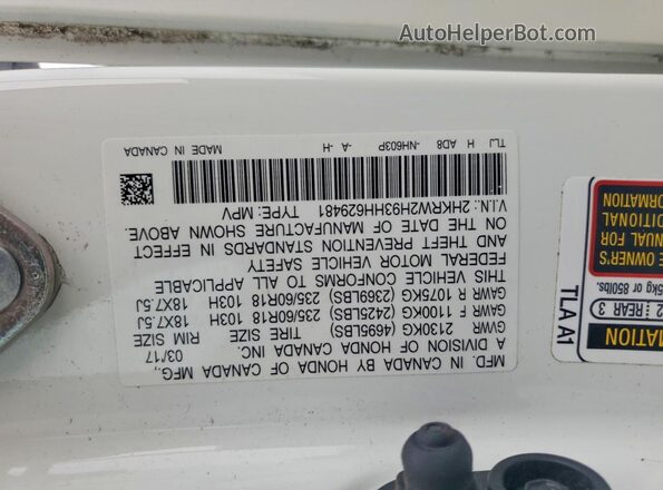 2HKRW2H93HH629481 2017 HONDA CR-V White VIN კოდის სტიკერის ხედი