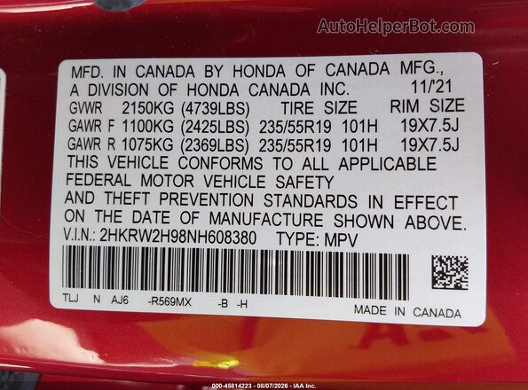 2HKRW2H98NH608380 2022 HONDA CR-V Красный Вид подкапотного пространства