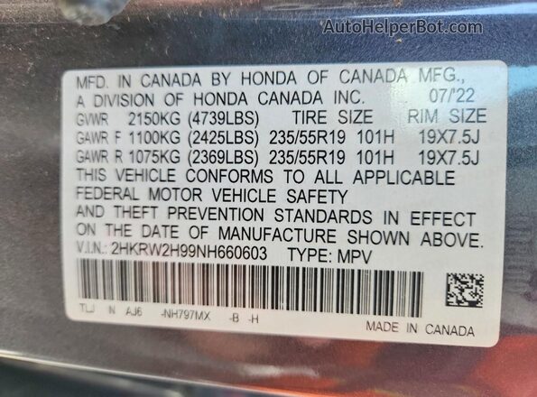 2HKRW2H99NH660603 2022 HONDA CR-V Серый Вид наклейки с VIN-кодом