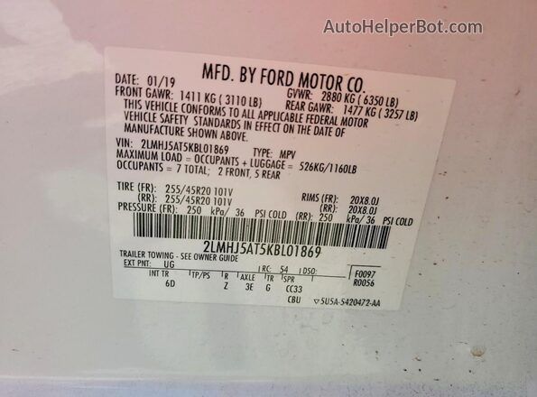 2LMHJ5AT5KBL01869 2019 LINCOLN MKT White Engine compartment view