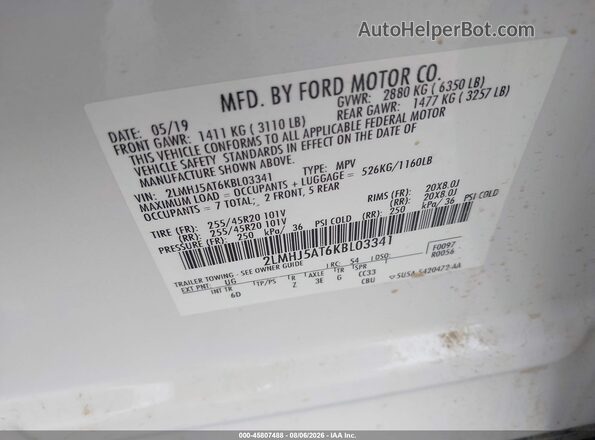 2LMHJ5AT6KBL03341 2019 LINCOLN MKT White Vista del compartimento del motor
