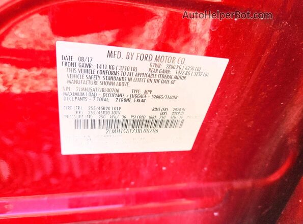 2LMHJ5AT7JBL00706 2018 LINCOLN MKT Red VIN sticker view