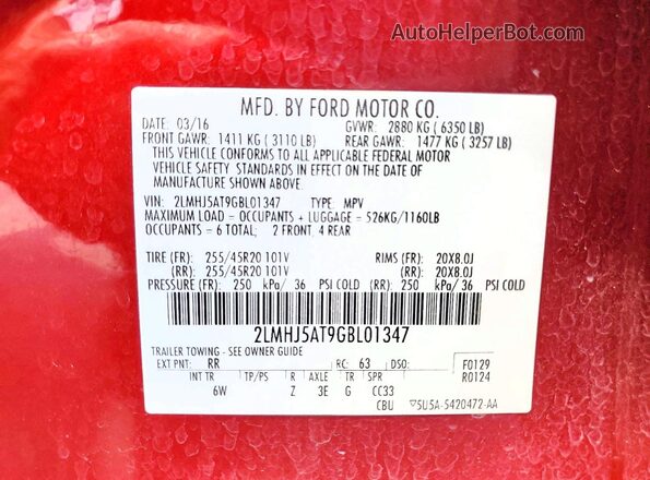2LMHJ5AT9GBL01347 2016 LINCOLN MKT Красный Вид наклейки с VIN-кодом