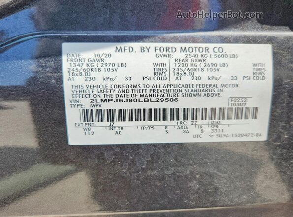 2LMPJ6J90LBL29506 2020 LINCOLN NAUTILUS Charcoal Engine compartment view