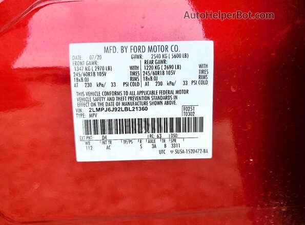 2LMPJ6J92LBL21360 2020 LINCOLN NAUTILUS Red Vista de la etiqueta del VIN