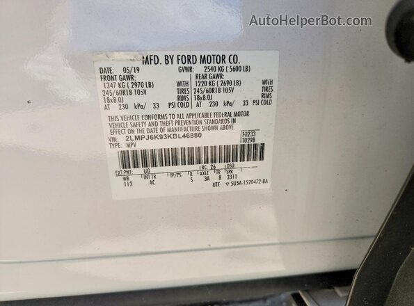 2LMPJ6K93KBL46880 2019 LINCOLN NAUTILUS White VIN sticker view
