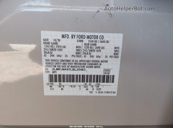 2LMPJ6K97LBL25483 2020 LINCOLN NAUTILUS Кремовый Вид подкапотного пространства