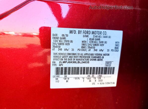 2LMPJ6K98LBL24035 2020 LINCOLN NAUTILUS Red VIN sticker view